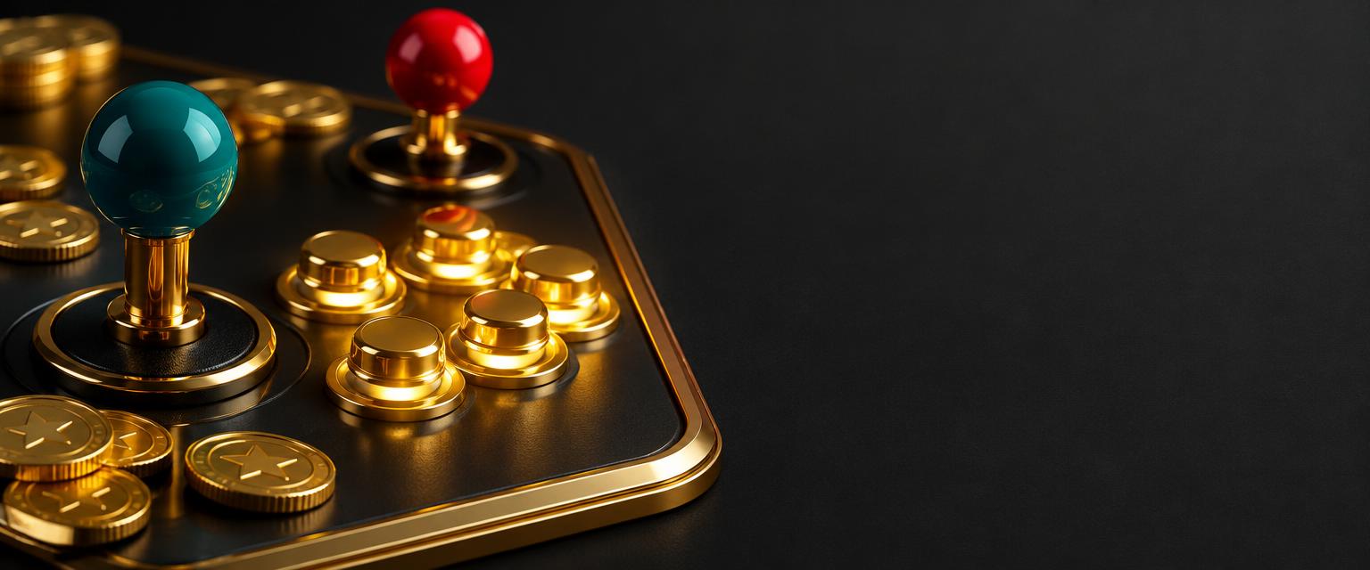 Teal and ruby arcade joysticks with golden buttons